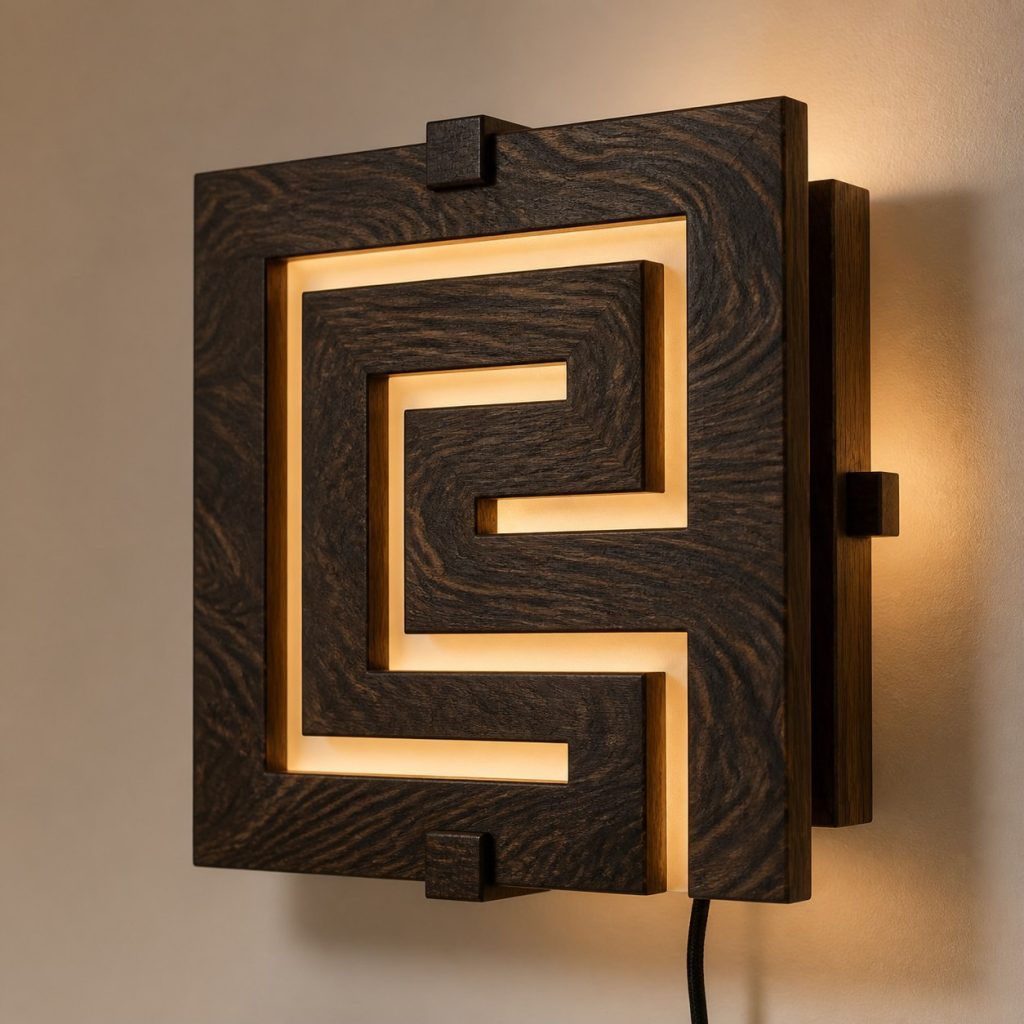 Ziricote Labyrinth Sconce shown as an original square photorealistic ziricote wood lamp with natural charcoal-black spiderweb grain, distinctive construction, and warm diffused light