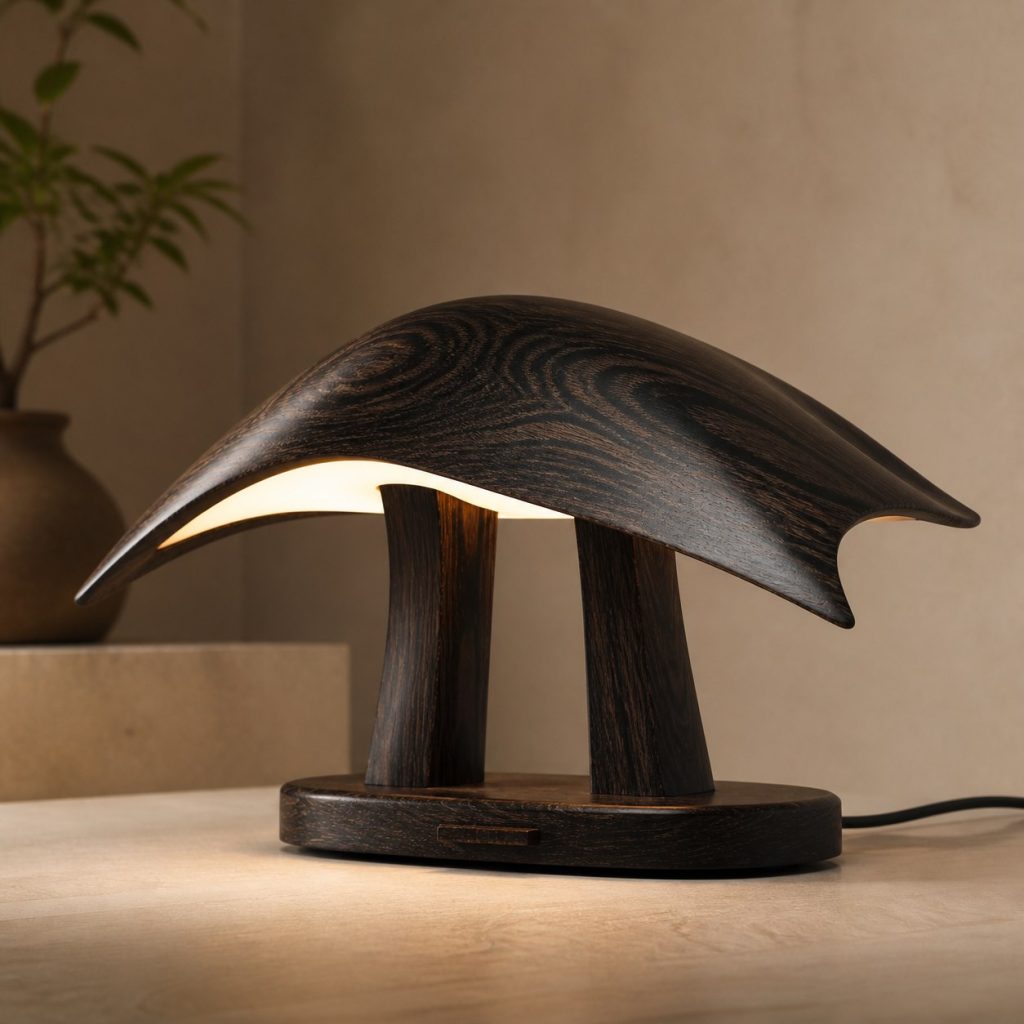 Ziricote Curved Canopy Lamp shown as an original square photorealistic ziricote wood lamp with natural charcoal-black spiderweb grain, distinctive construction, and warm diffused light