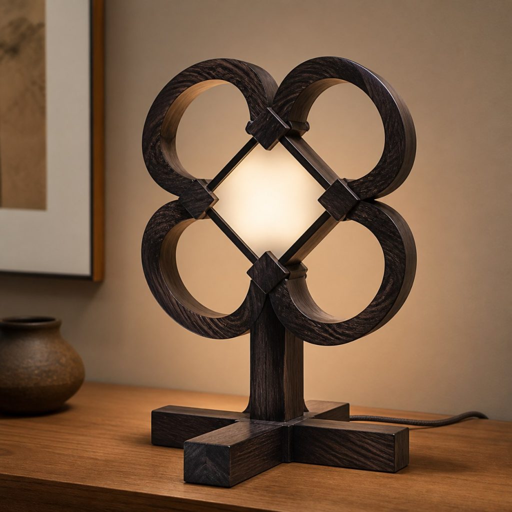 Ziricote Four-Loop Lamp shown as an original square photorealistic ziricote wood lamp with natural charcoal-black spiderweb grain, distinctive construction, and warm diffused light