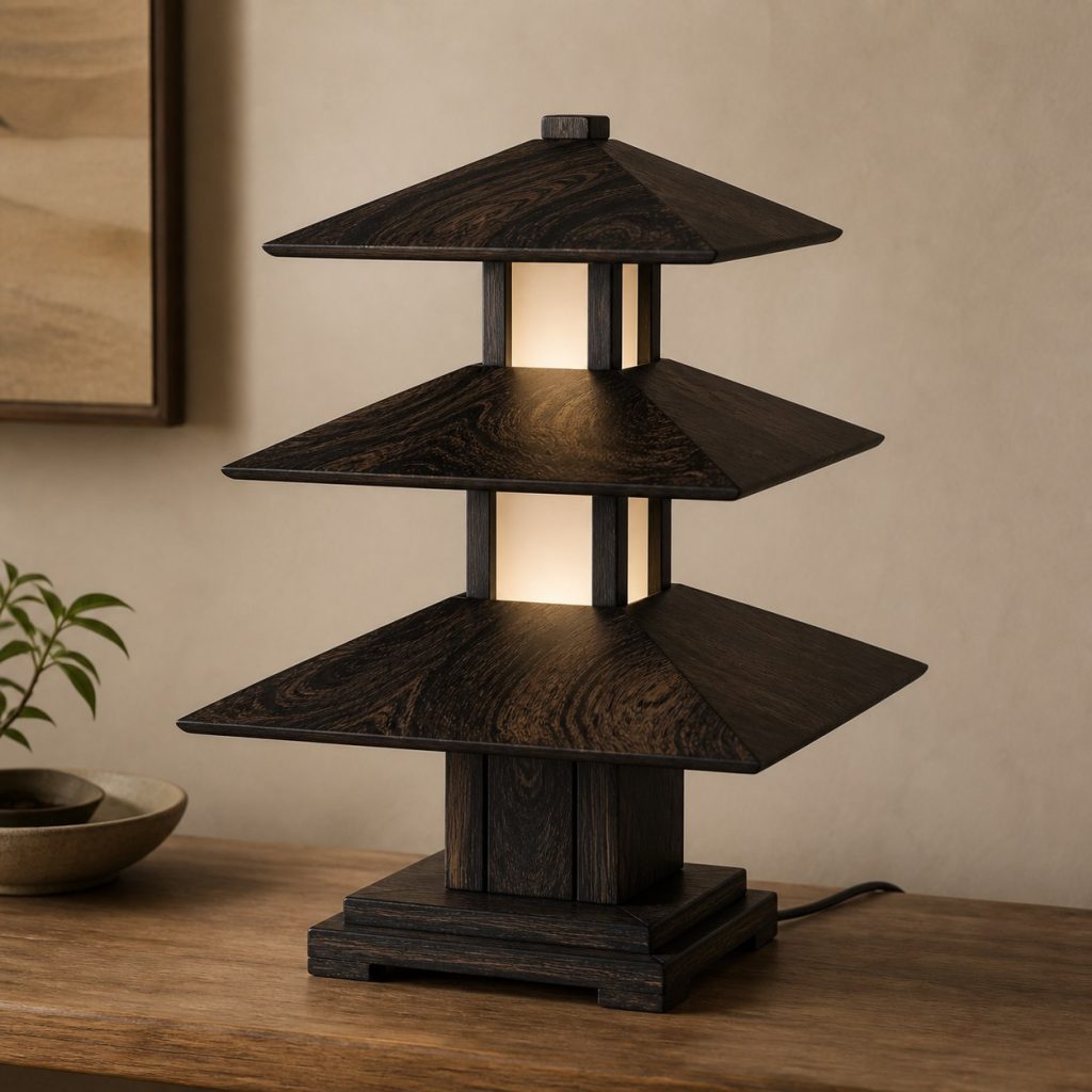 Ziricote Tiered Table Lamp shown as an original square photorealistic ziricote wood lamp with natural charcoal-black spiderweb grain, distinctive construction, and warm diffused light