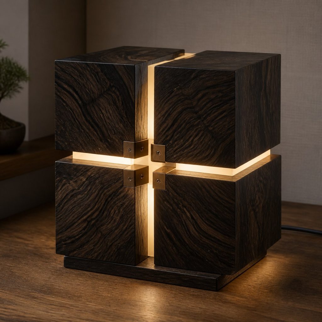 Ziricote Fractured-Cube Lamp shown as an original square photorealistic ziricote wood lamp with natural charcoal-black spiderweb grain, distinctive construction, and warm diffused light