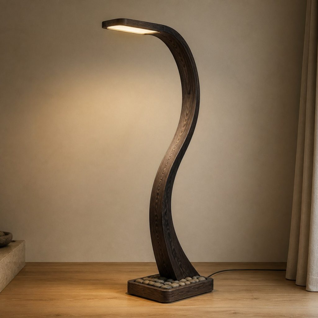 Ziricote Long-Neck Floor Lamp shown as an original square photorealistic ziricote wood lamp with natural charcoal-black spiderweb grain, distinctive construction, and warm diffused light
