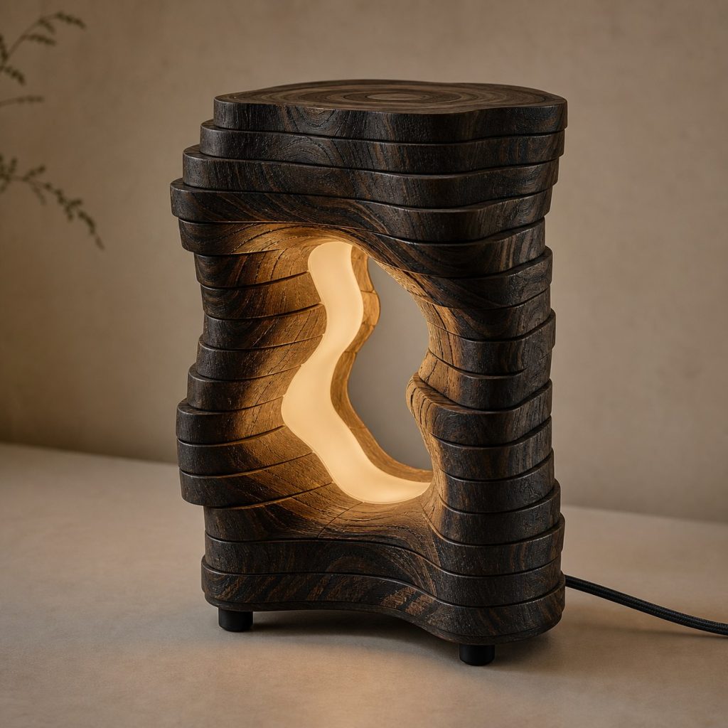 Ziricote Topographic Lamp shown as an original square photorealistic ziricote wood lamp with natural charcoal-black spiderweb grain, distinctive construction, and warm diffused light
