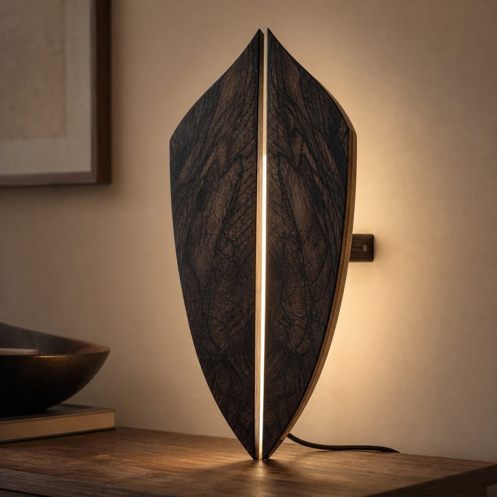 Ziricote Bookmatched Shield Sconce shown as an original square photorealistic ziricote wood lamp with natural charcoal-black spiderweb grain, distinctive construction, and warm diffused light
